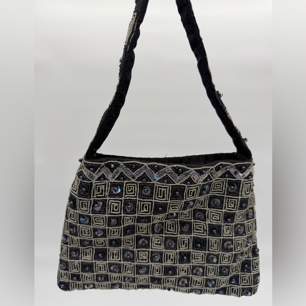 Vintage Embroidered and sequin Black and Gray Women's Fabric Bag